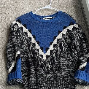 Fringe Blue and Black Patterned Women's Sweater